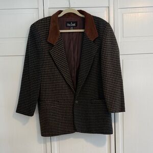 Vintage JL Colebrook Wool Brown Houndstooth Blazer with Suede Collar